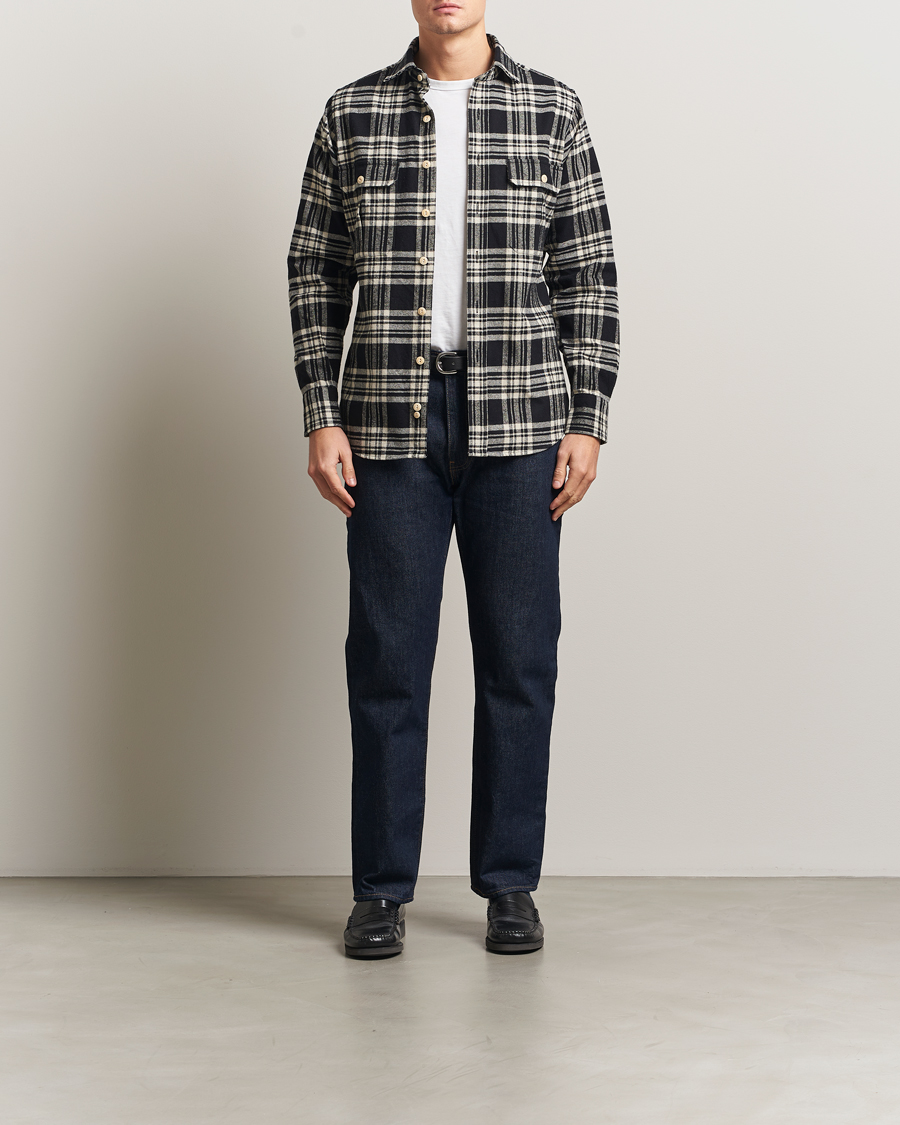 Herre | Skjorter | Drake's | Check Heavy Cotton Work Shirt Navy/White