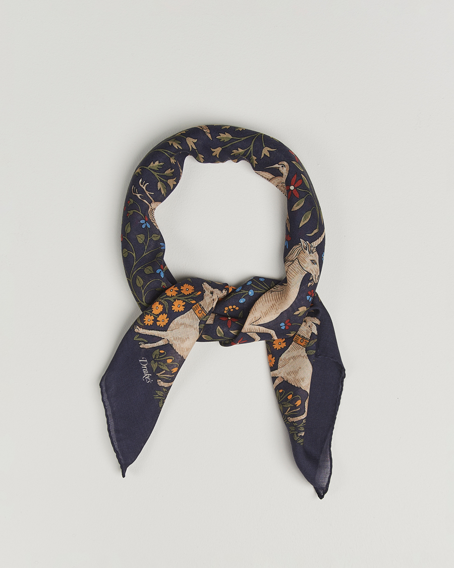 Herre | Scarves | Drake's | Drake'sUnicorn Garden Wool/Silk ScarfNavy