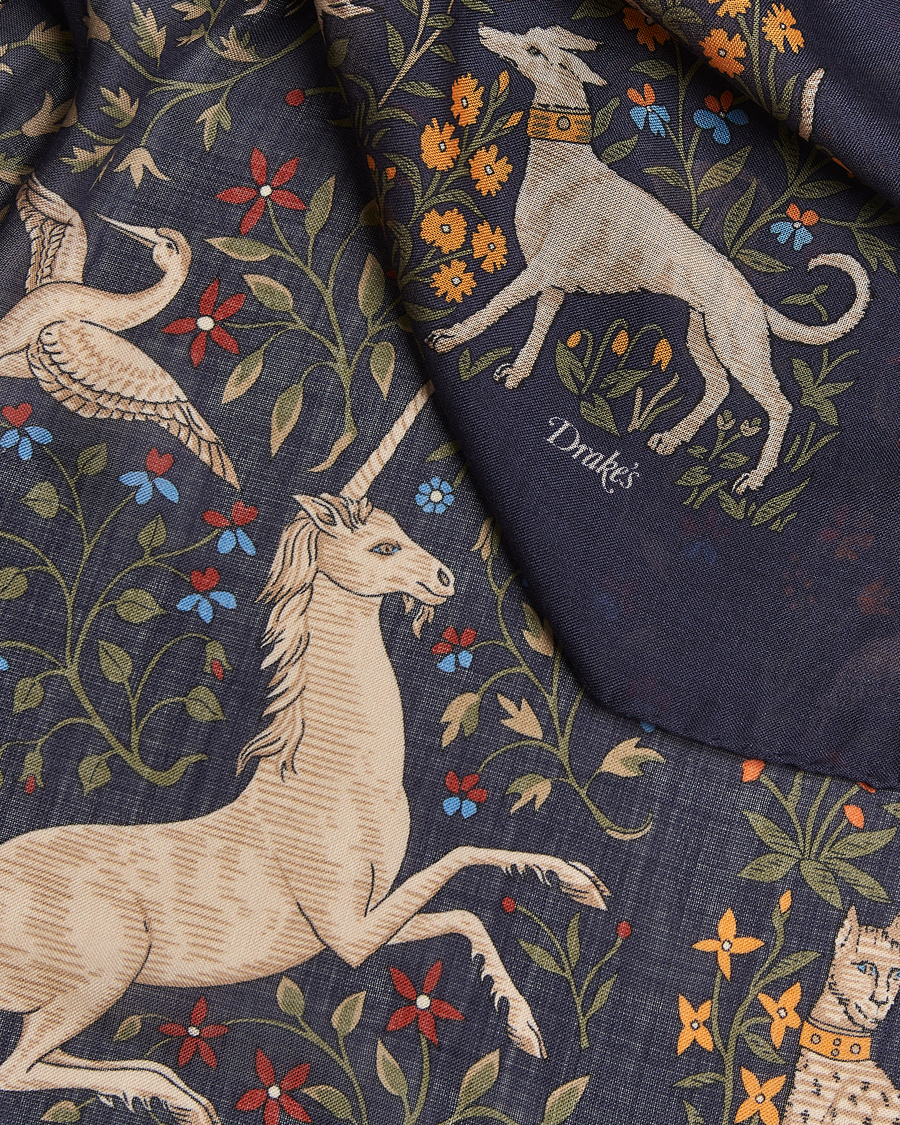 Herre | Scarves | Drake's | Drake'sUnicorn Garden Wool/Silk ScarfNavy