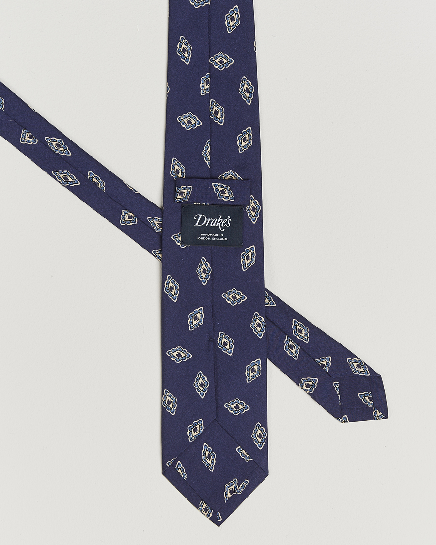 Herre | Slips | Drake's | Diamond Petals Habotai Silk Tie Navy