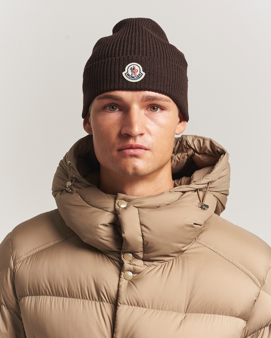 Herre | Moncler Rib Wool Beanie Brown | Moncler | Rib Wool Beanie Brown