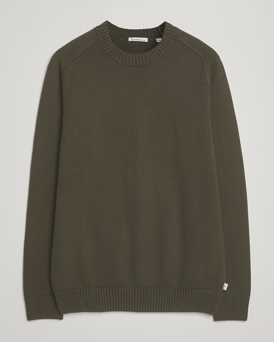Herre | Gensere | KnowledgeCotton Apparel | Plain Knitted Cotton Crewneck Forest Night