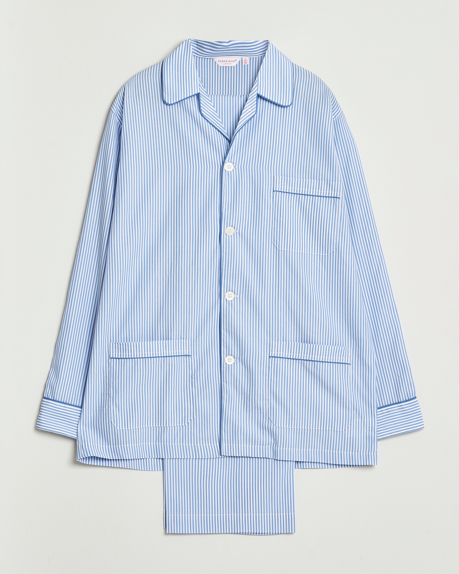 Herre | Pyjamaser og badekåper | Derek Rose | Striped Piped Cotton Pyjama Set Blue/White