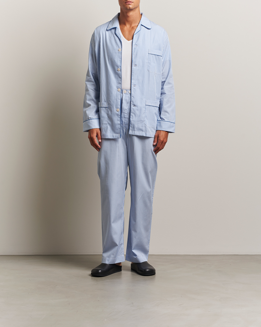 Herre | Pyjamaser og badekåper | Derek Rose | Striped Piped Cotton Pyjama Set Blue/White
