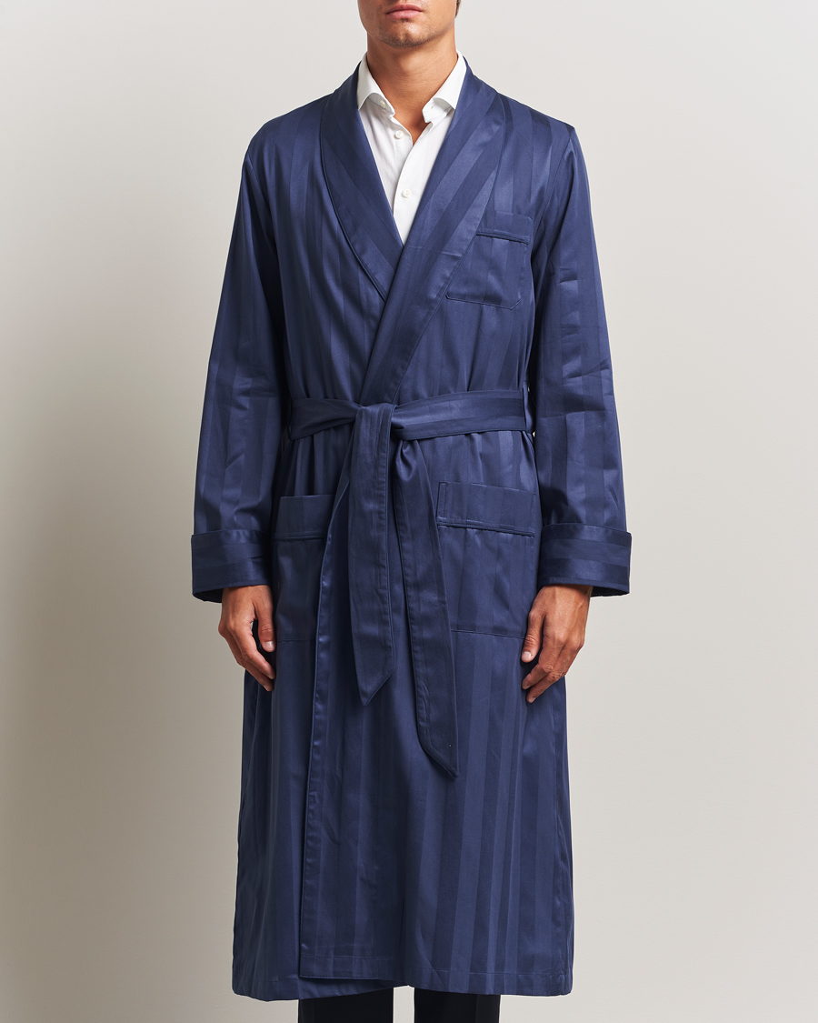 Herre | Pyjamaser og badekåper | Derek Rose | Striped Cotton Dressing Gown Navy