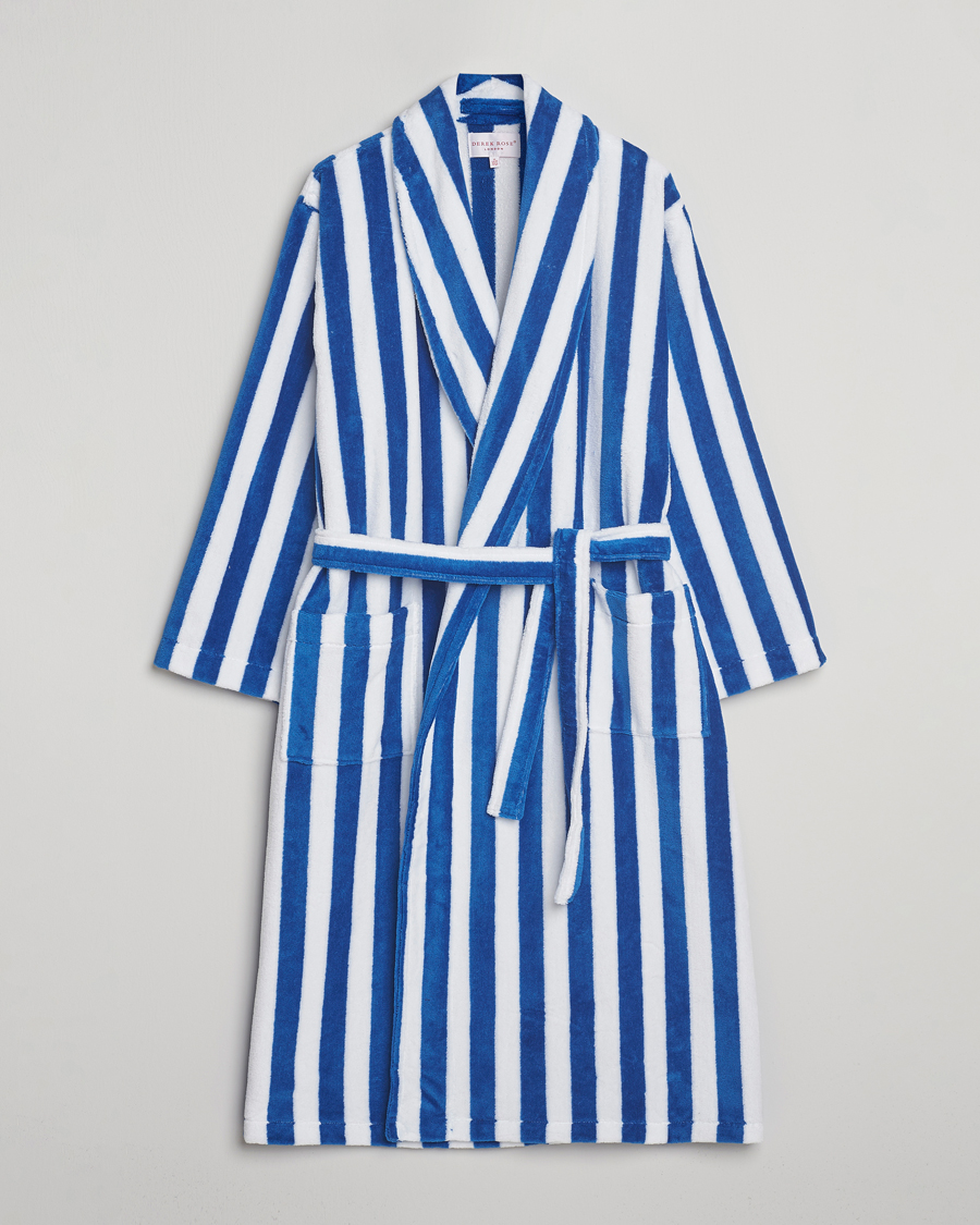 Herre | Pyjamaser og badekåper | Derek Rose | Striped Cotton Velour Gown Blue/White
