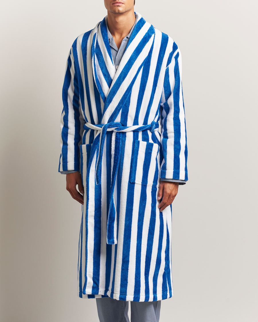 Herre | Pyjamaser og badekåper | Derek Rose | Striped Cotton Velour Gown Blue/White