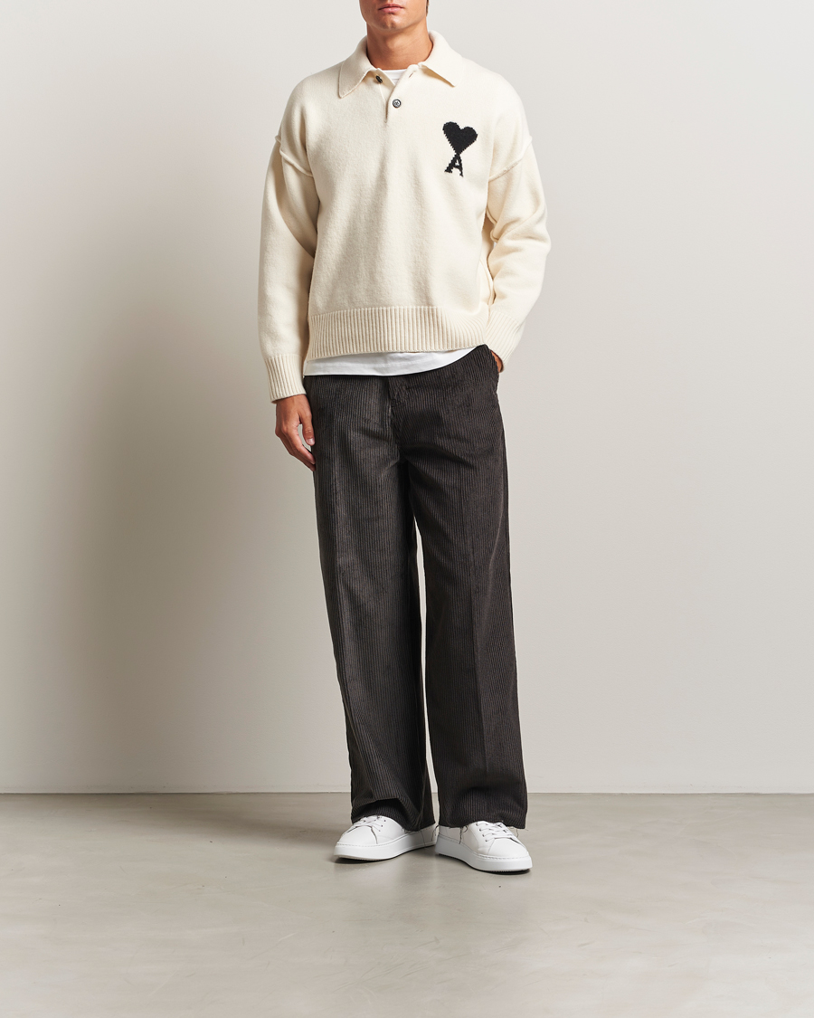 Herre | Gensere | AMI | Big Heart Logo Wool Knitted Polo Ecru