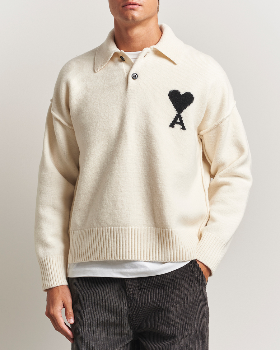 Herre | Gensere | AMI | Big Heart Logo Wool Knitted Polo Ecru