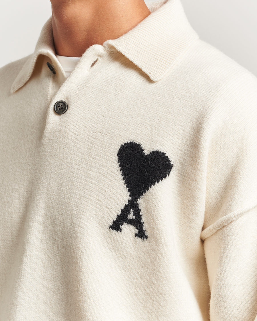Herre | Gensere | AMI | Big Heart Logo Wool Knitted Polo Ecru