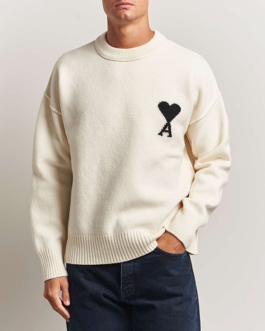 Herre | Gensere | AMI | Big Heart Logo Wool Knitted Sweater Ecru