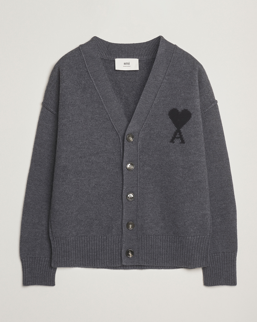 Herre | Gensere | AMI | Big Heart Logo Wool Knitted Cardigan Dark Grey