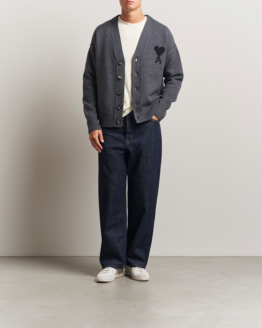 Herre | Gensere | AMI | Big Heart Logo Wool Knitted Cardigan Dark Grey
