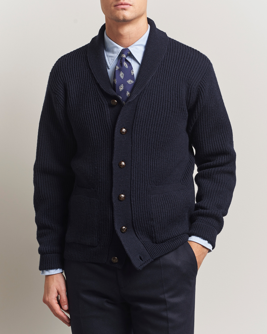 Herre | Gensere | Kamakura Shirts | McQueen Shawl Collar Cardigan Navy