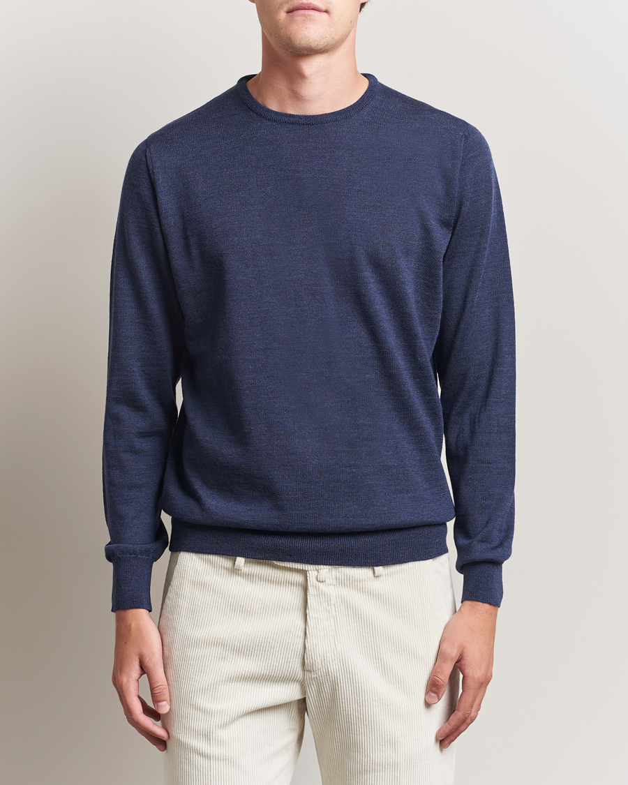 Herre | Gensere | Morgano | Extra Fine Merino Wool Crewneck Mid Blue