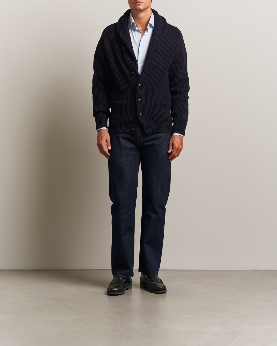 Herre | Gensere | William Lockie | Windsor Geelong Lambswool Shawl Cardigan Navy