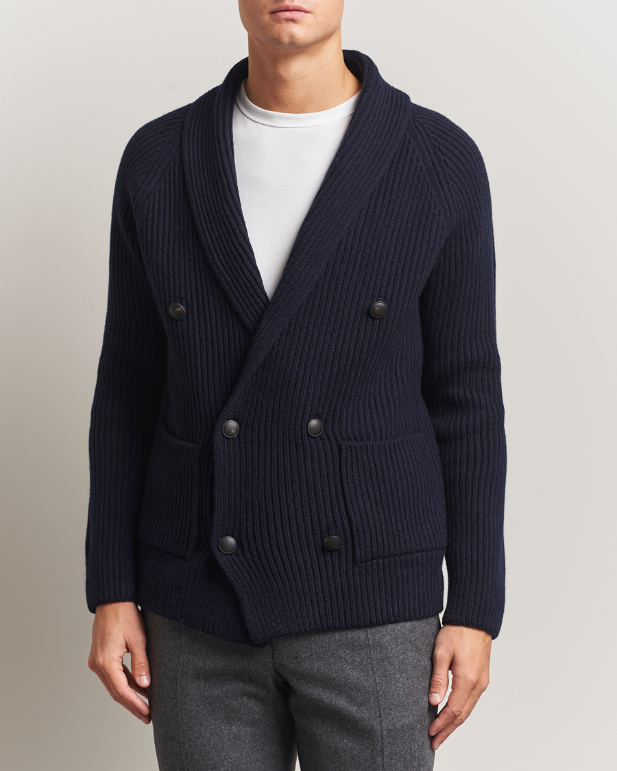 Herre | Gensere | Gran Sasso | Shawl Collar Heavy Knitted Wool Cardigan Navy