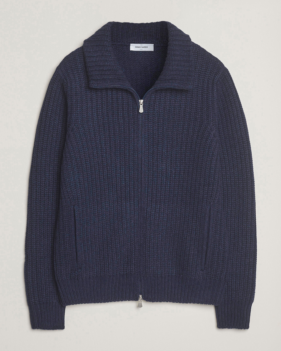Herre | Gensere | Gran Sasso | Heavy Knitted Wool Full Zip Navy Melange