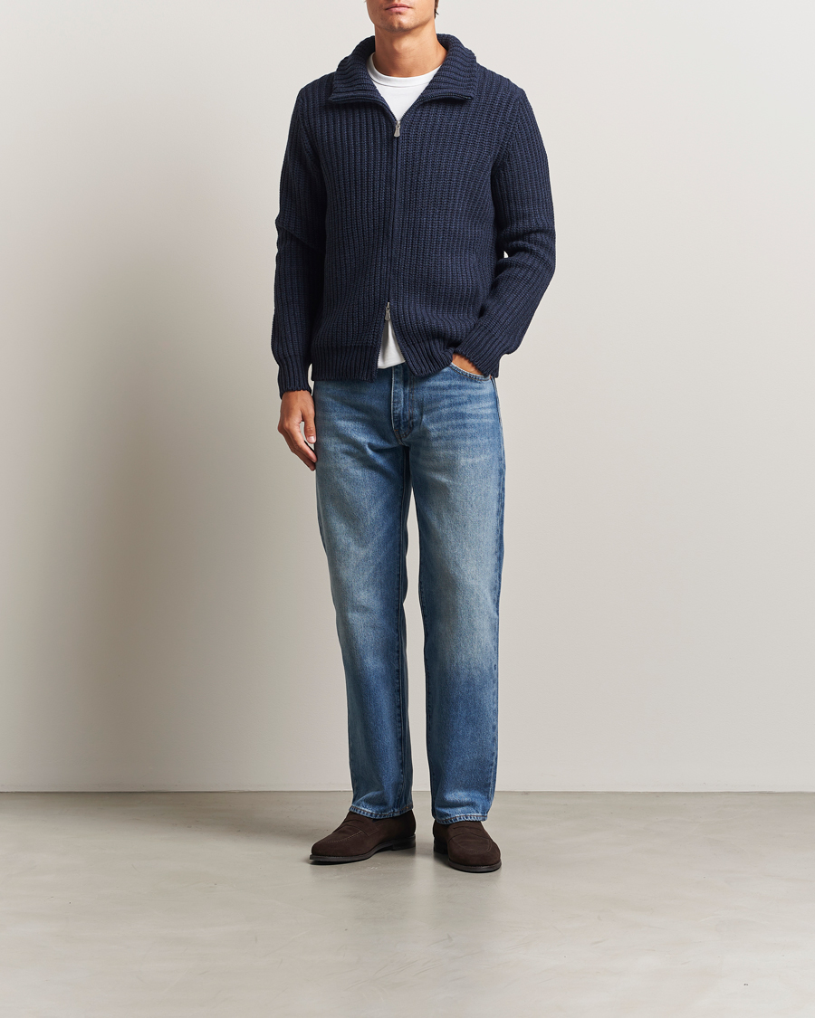 Herre | Gensere | Gran Sasso | Heavy Knitted Wool Full Zip Navy Melange