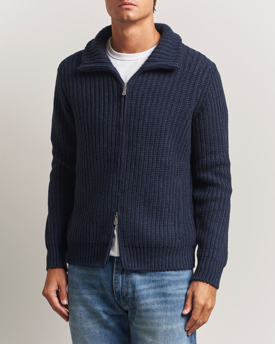 Herre | Gensere | Gran Sasso | Heavy Knitted Wool Full Zip Navy Melange