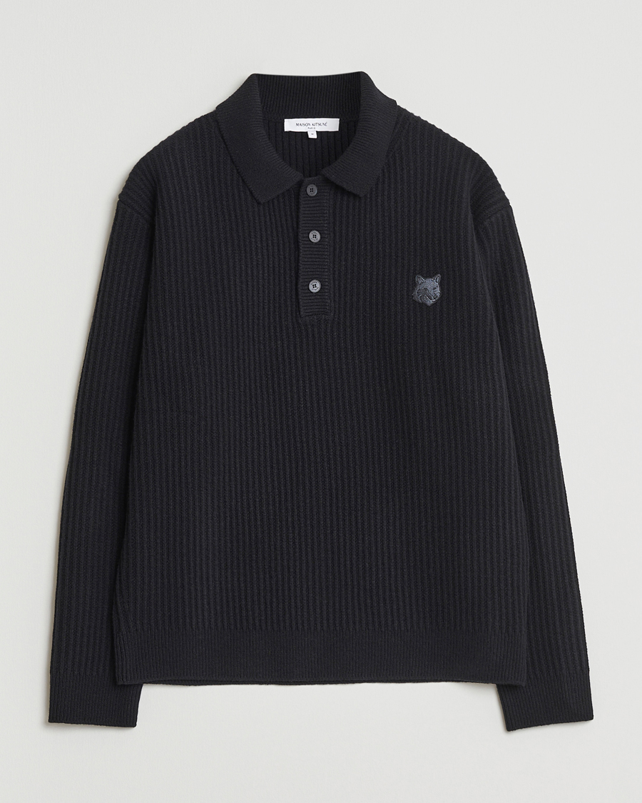 Herre | Gensere | Maison Kitsuné | Tonal Fox Head Wool Ribbed Polo Black