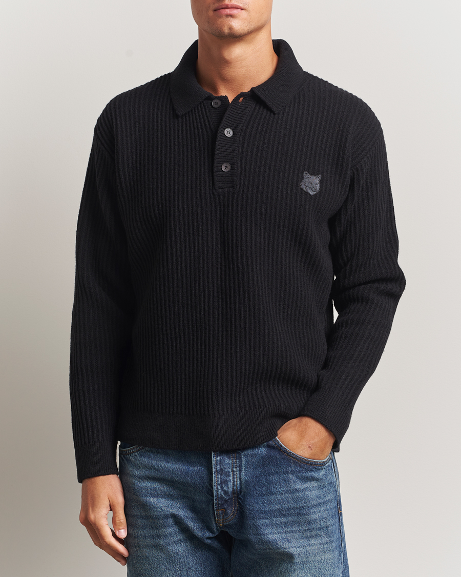 Herre | Gensere | Maison Kitsuné | Tonal Fox Head Wool Ribbed Polo Black