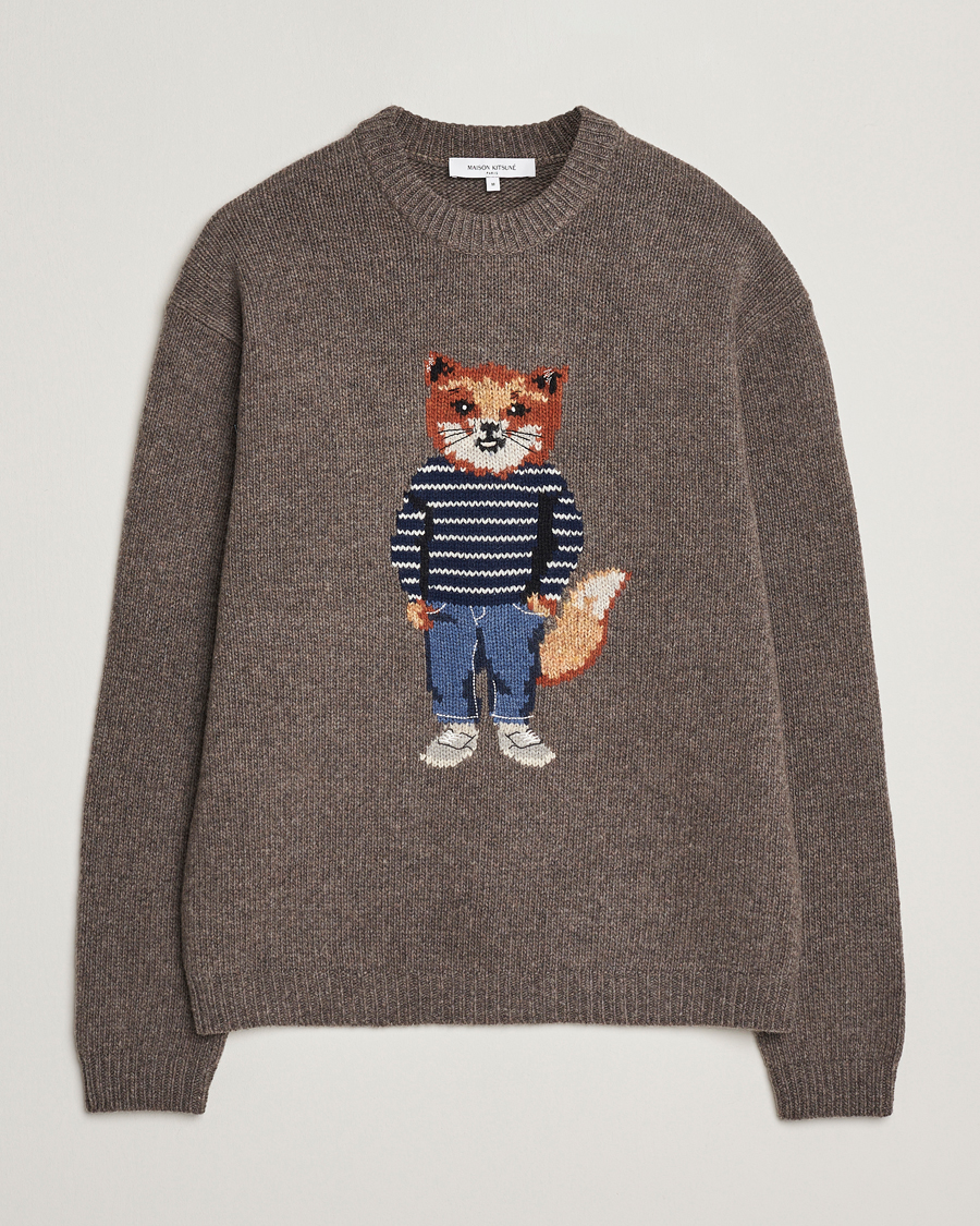 Herre | Gensere | Maison Kitsuné | Dressed Fox Wool Knitted Sweater Dark Grey Melange