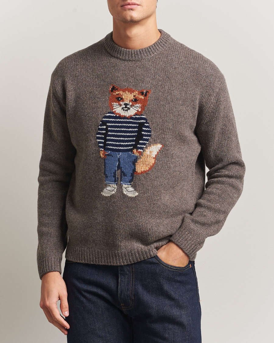 Herre | Gensere | Maison Kitsuné | Dressed Fox Wool Knitted Sweater Dark Grey Melange