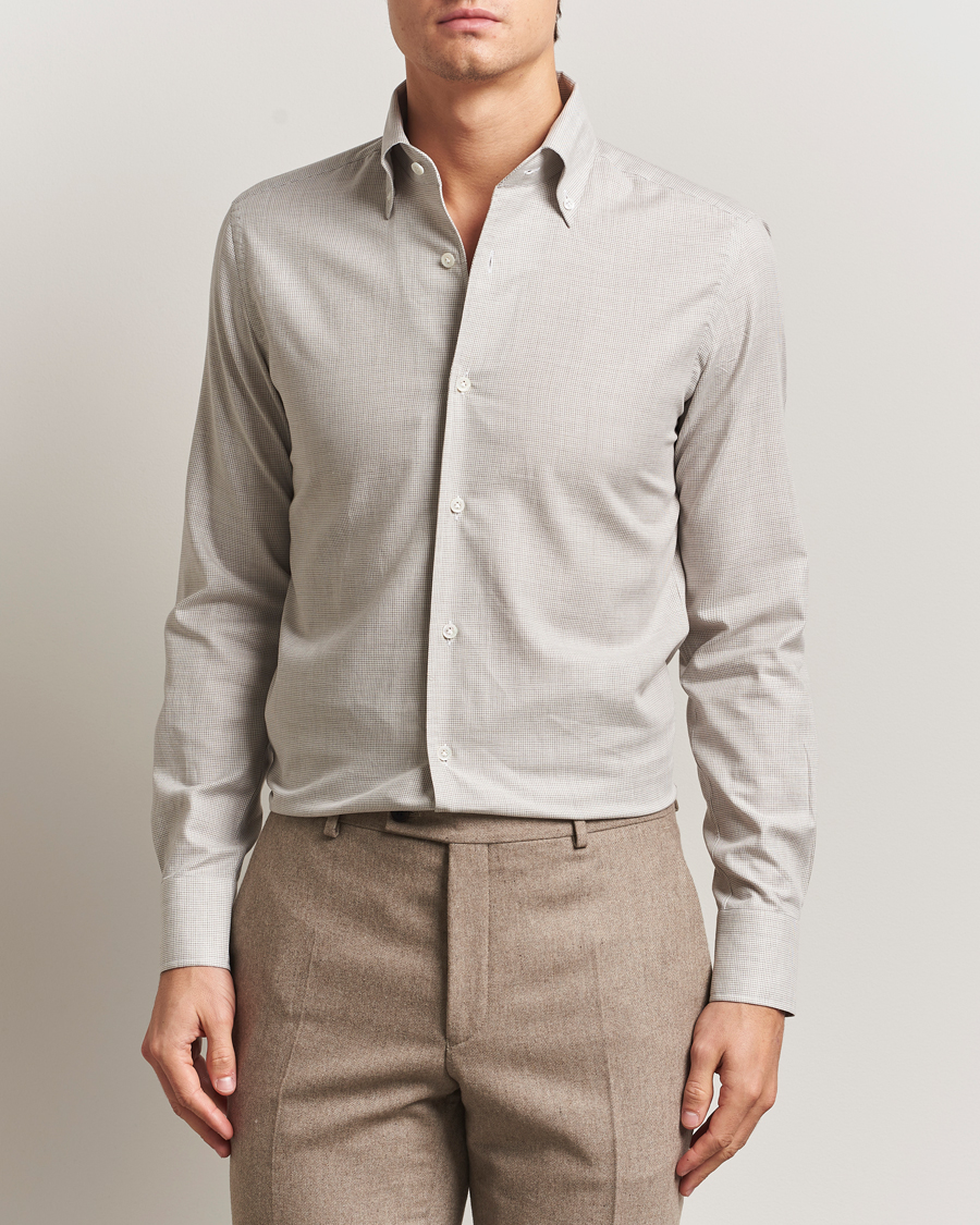 Herre | Skjorter | 100Hands | Micro Houndstooth Flannel Button Down Beige