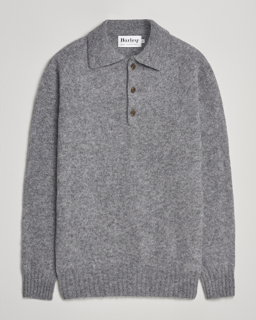 Herre | Gensere | Harley Of Scotland | Brushed Supersoft Lambswool Polo Mid Grey
