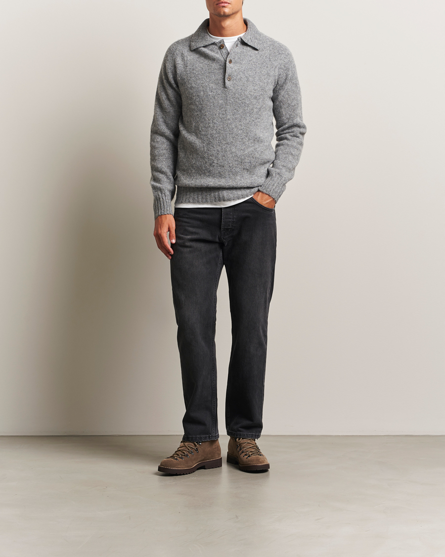 Herre | Gensere | Harley Of Scotland | Brushed Supersoft Lambswool Polo Mid Grey