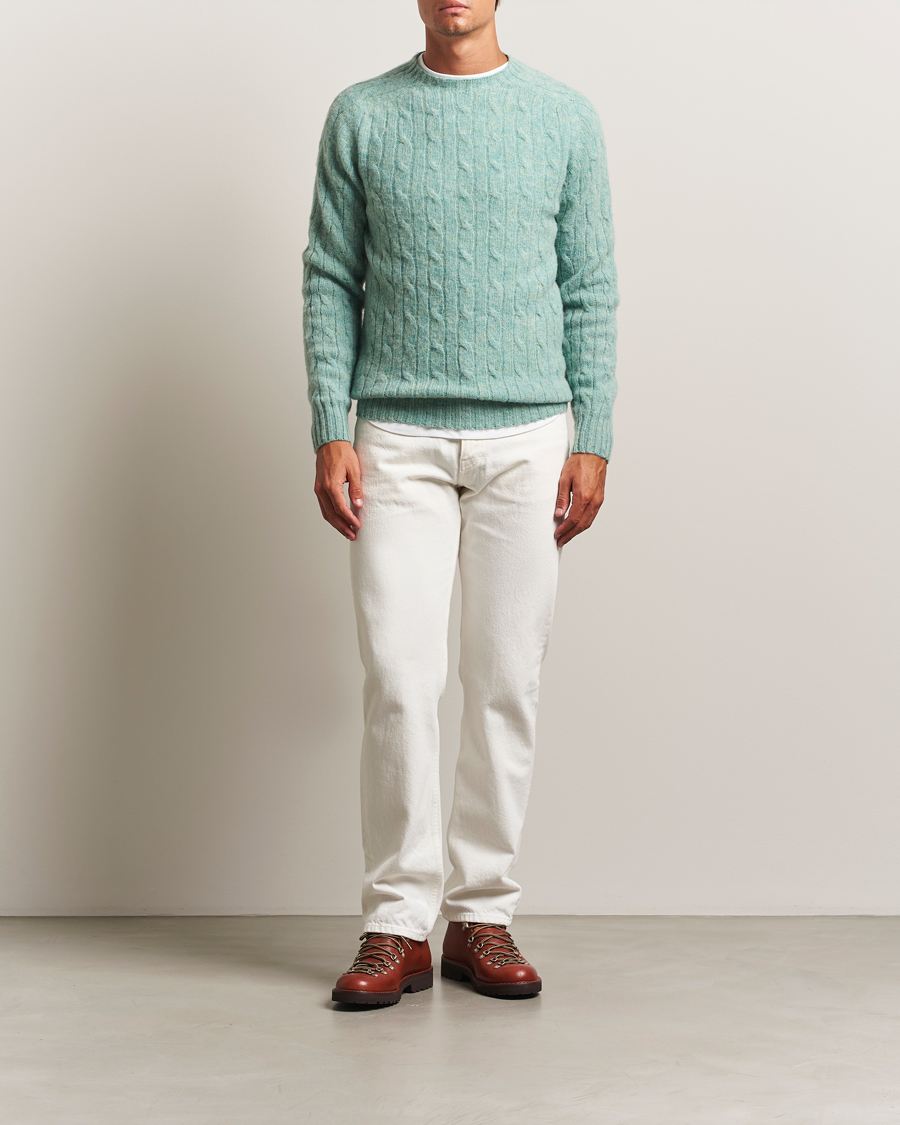 Herre | Gensere | Harley Of Scotland | Brushed Supersoft Lambswool Cable Opal