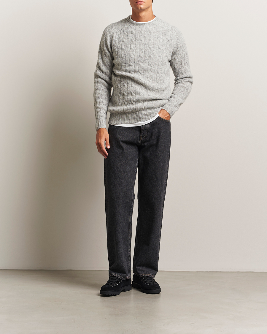 Herre | Gensere | Harley Of Scotland | Brushed Supersoft Lambswool Cable Silver