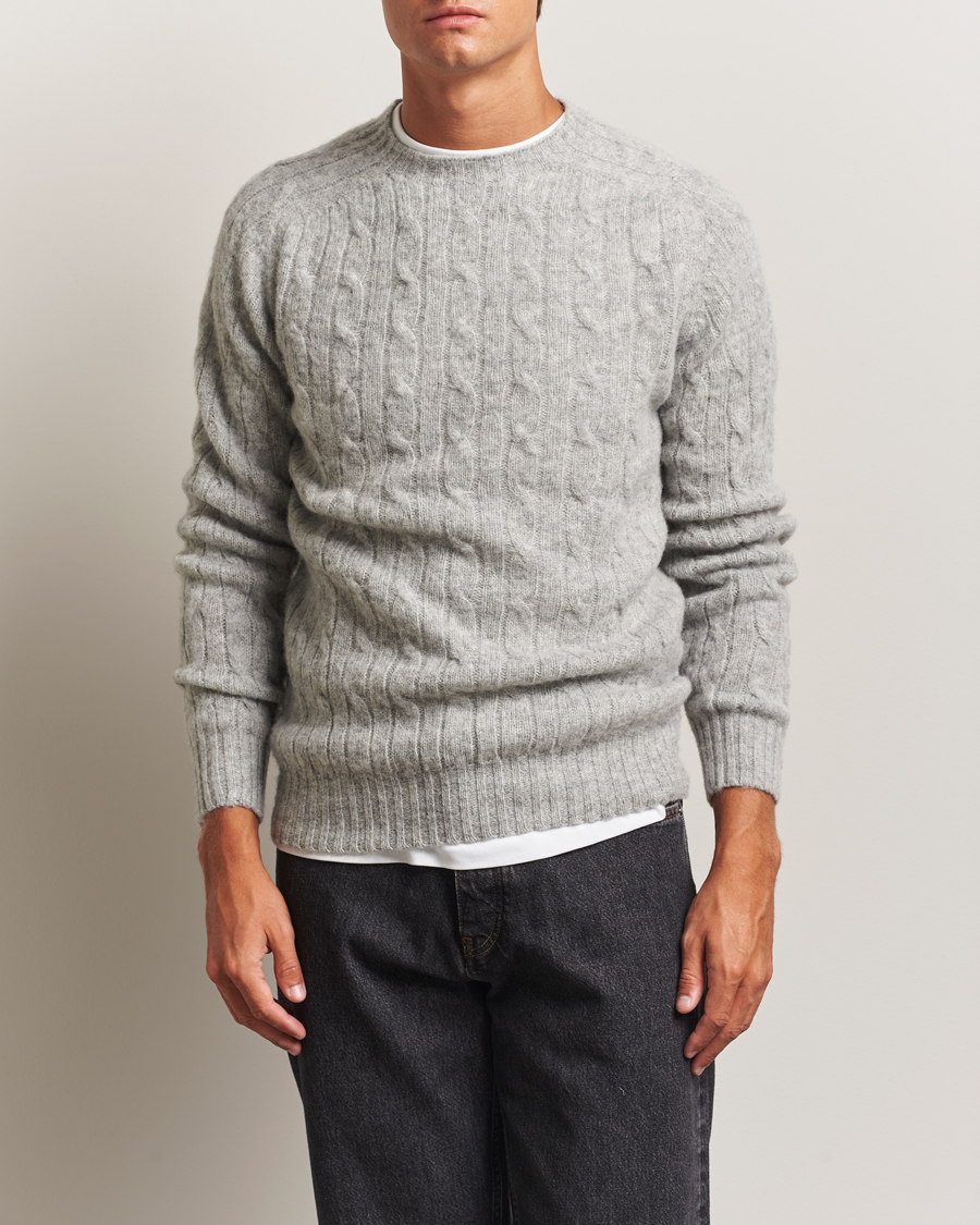 Herre | Gensere | Harley Of Scotland | Brushed Supersoft Lambswool Cable Silver