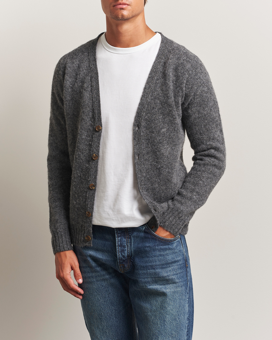 Herre | Gensere | Harley Of Scotland | Brushed Supersoft Lambswool Cardigan Basalt