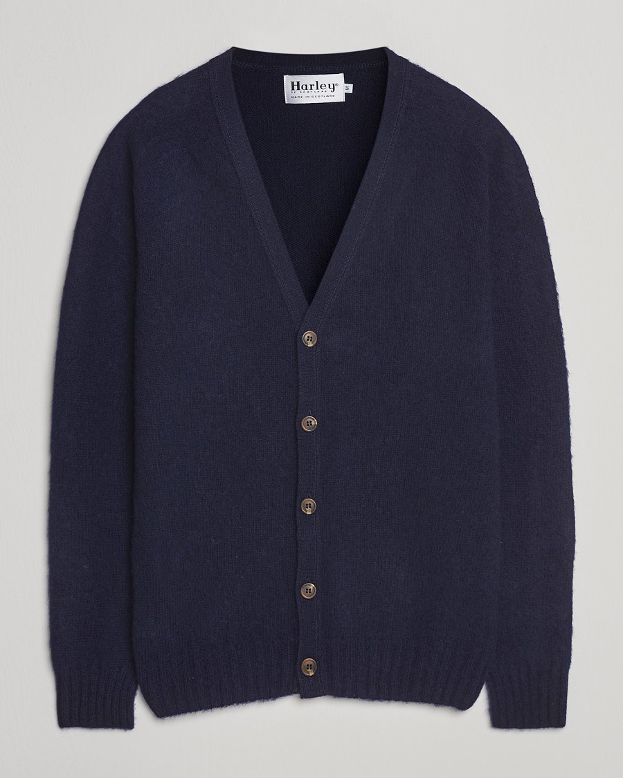 Herre | Gensere | Harley Of Scotland | Brushed Supersoft Lambswool Cardigan Navy