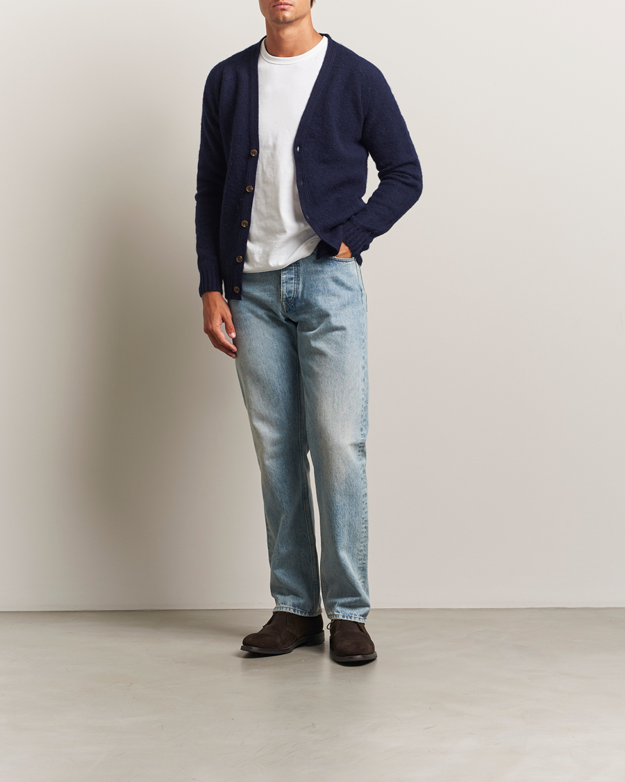 Herre | Gensere | Harley Of Scotland | Brushed Supersoft Lambswool Cardigan Navy