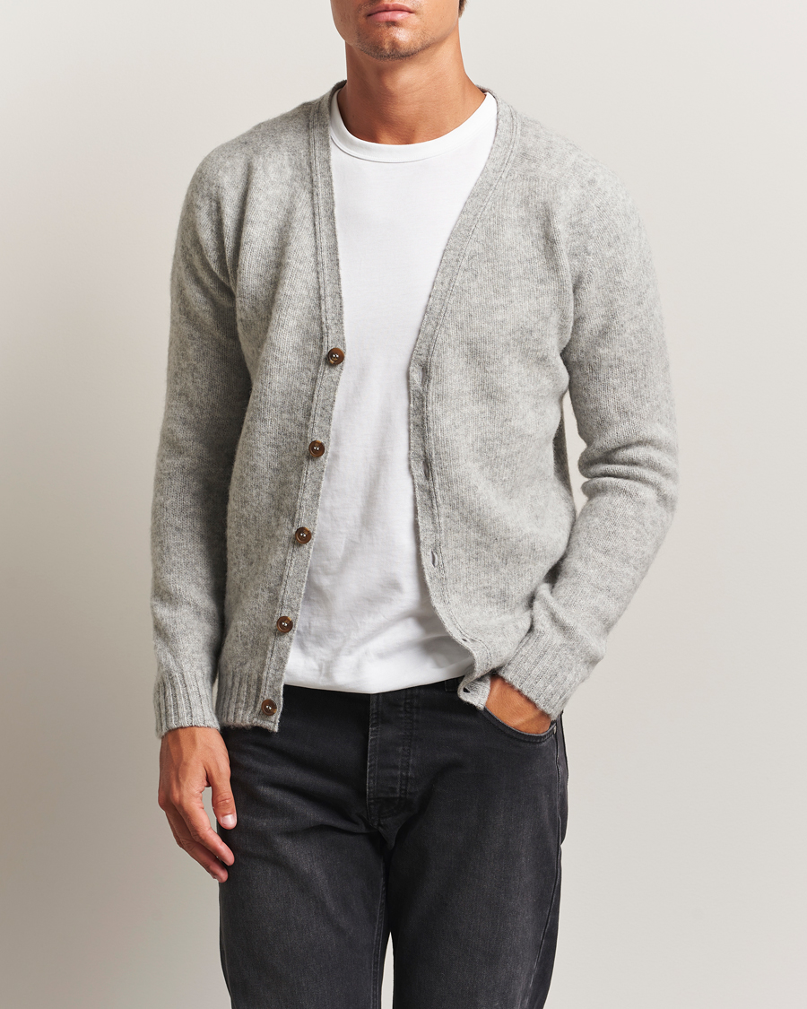 Herre | Gensere | Harley Of Scotland | Brushed Supersoft Lambswool Cardigan Silver
