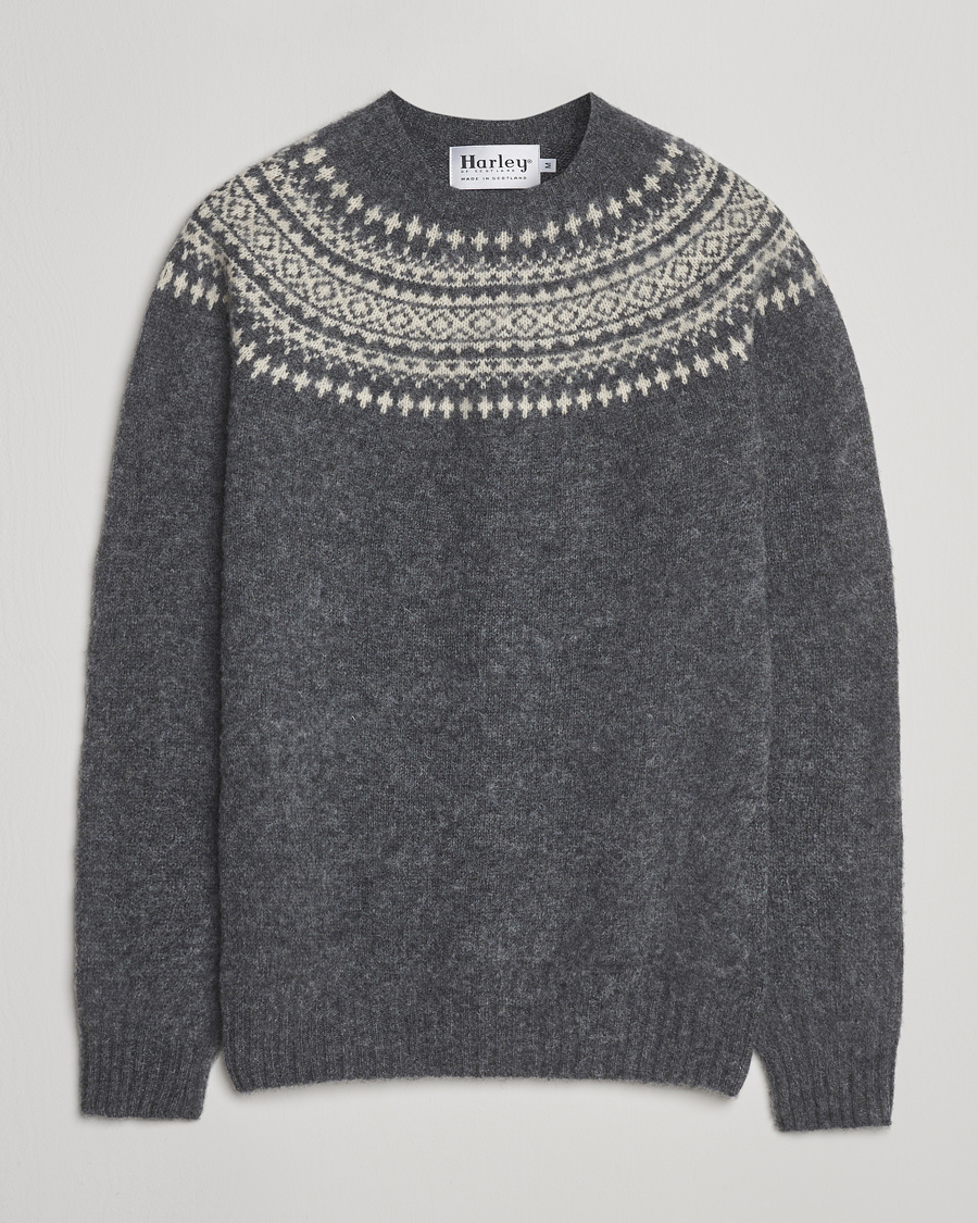 Herre | Gensere | Harley Of Scotland | Brushed Supersoft Lambswool Yolk Fairisle Grey