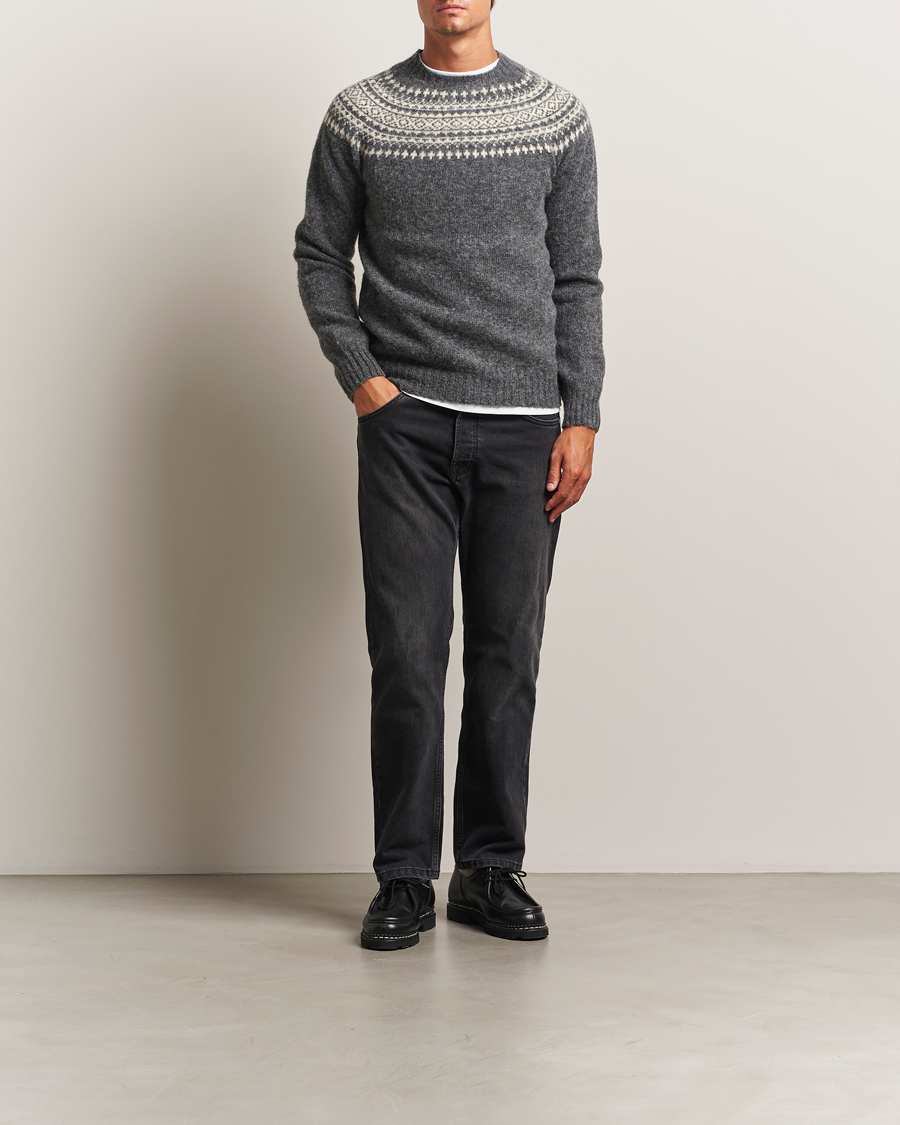 Herre | Gensere | Harley Of Scotland | Brushed Supersoft Lambswool Yolk Fairisle Grey