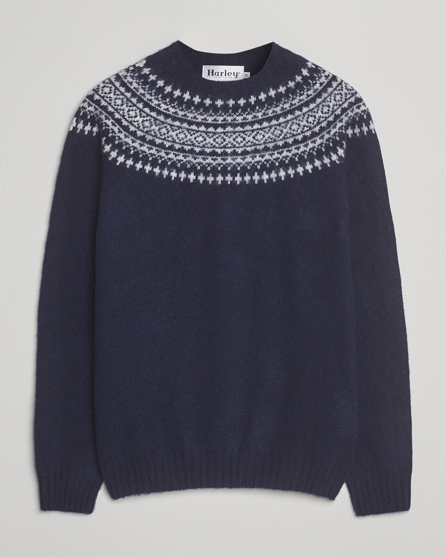 Herre | Gensere | Harley Of Scotland | Brushed Supersoft Lambswool Yolk Fairisle Navy