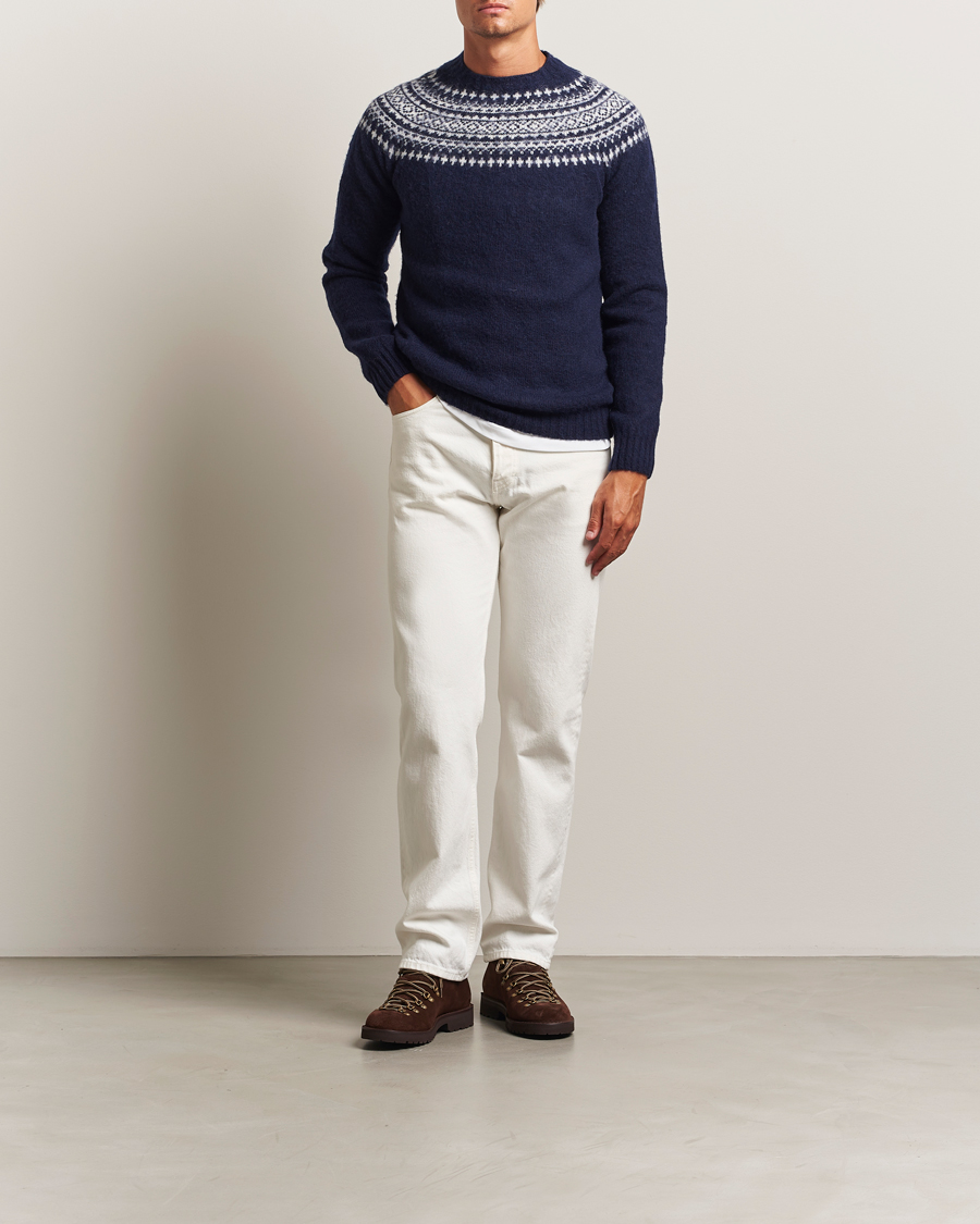 Herre | Gensere | Harley Of Scotland | Brushed Supersoft Lambswool Yolk Fairisle Navy