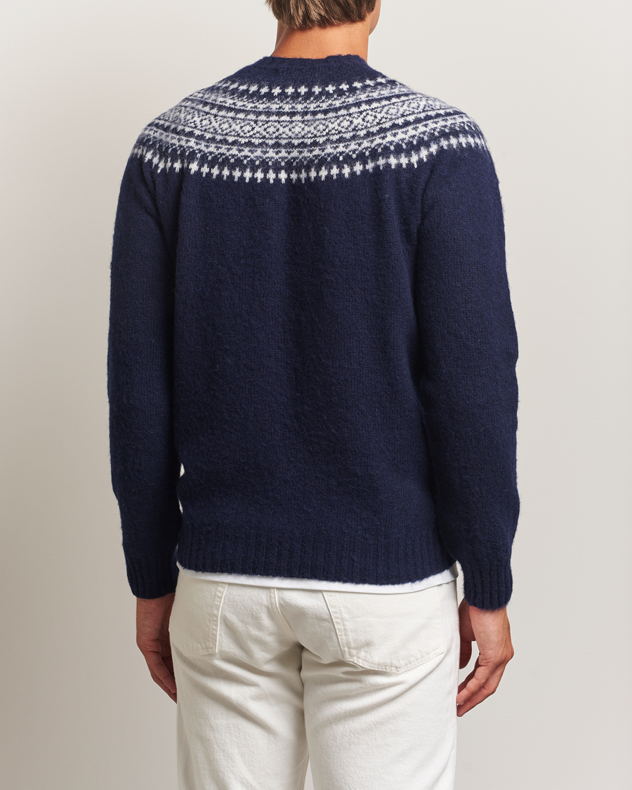 Herre | Gensere | Harley Of Scotland | Brushed Supersoft Lambswool Yolk Fairisle Navy