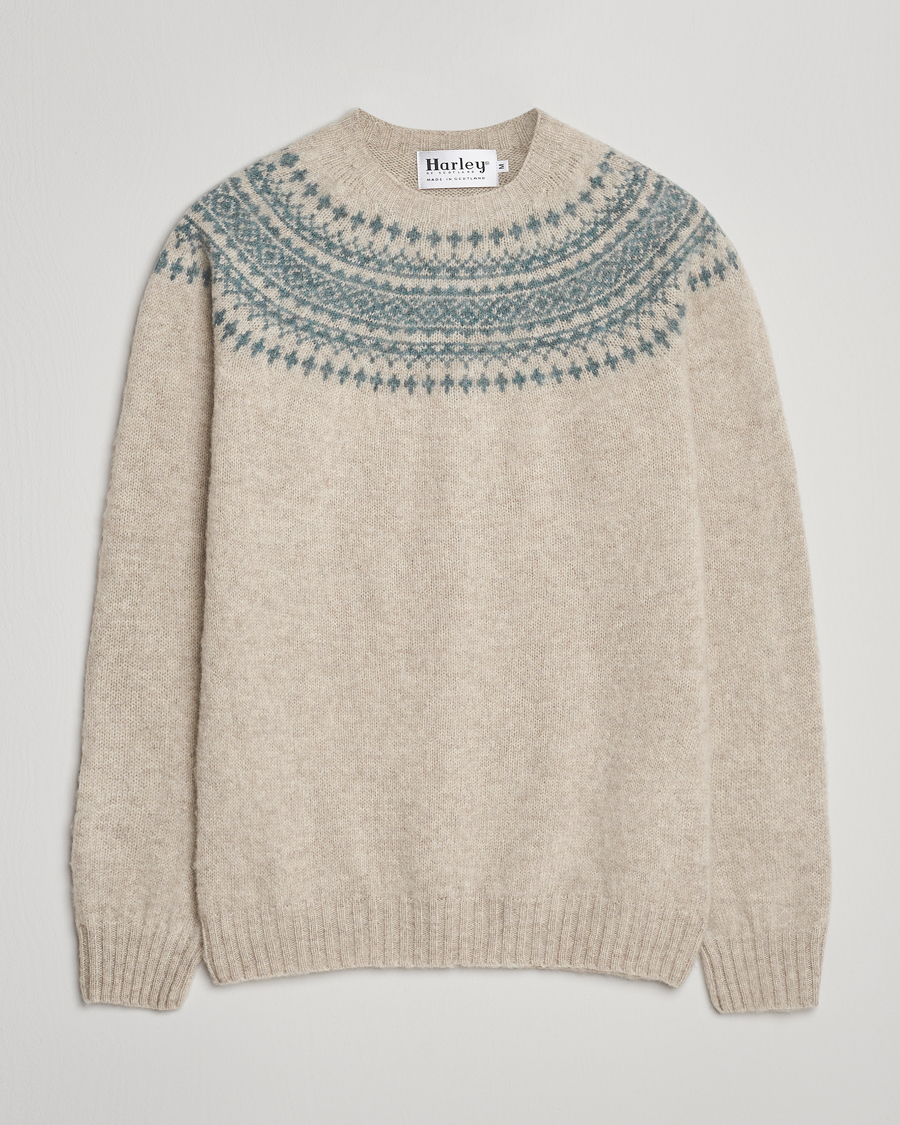 Herre | Gensere | Harley Of Scotland | Brushed Supersoft Lambswool Yolk Fairisle Beige