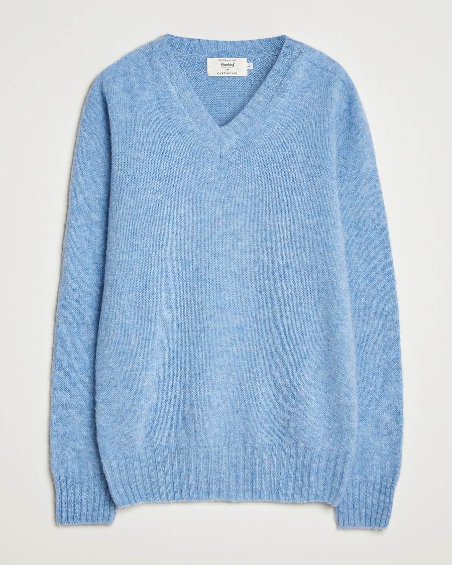 Herre | Gensere | Harley Of Scotland for Care of Carl | Brushed Supersoft Lambswool V-Neck Light Blue