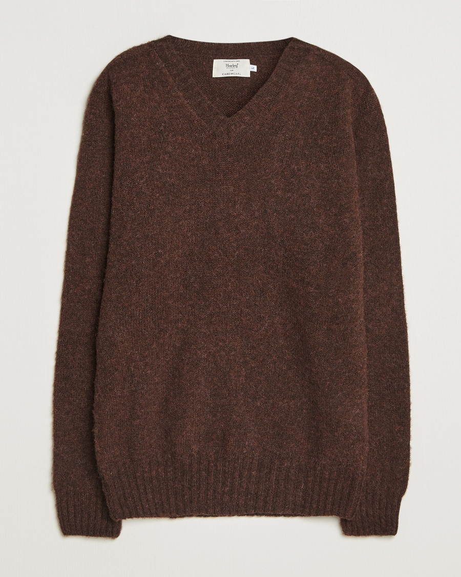 Herre | Gensere | Harley Of Scotland for Care of Carl | Brushed Supersoft Lambswool V-Neck Brown