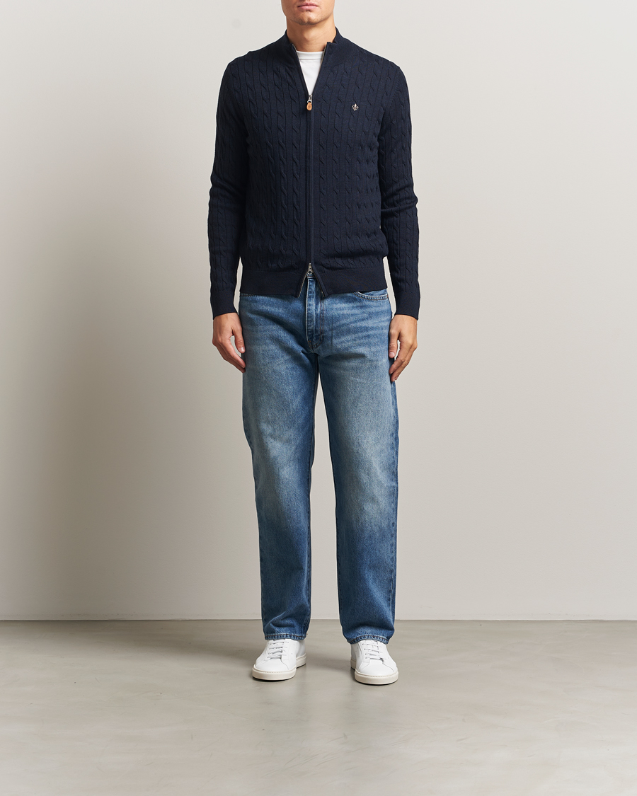 Herre | Gensere | Morris | Merino Cable Zip Cardigan Navy