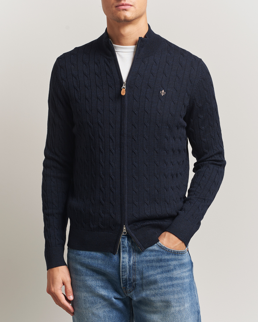 Herre | Gensere | Morris | Merino Cable Zip Cardigan Navy