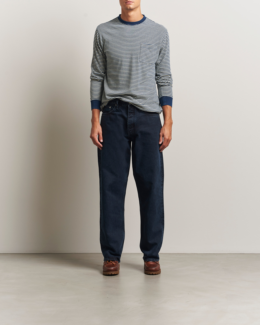 Herre | T-Shirts | BEAMS PLUS | Indigo Stripe Long Sleeve T-Shirt White/Navy