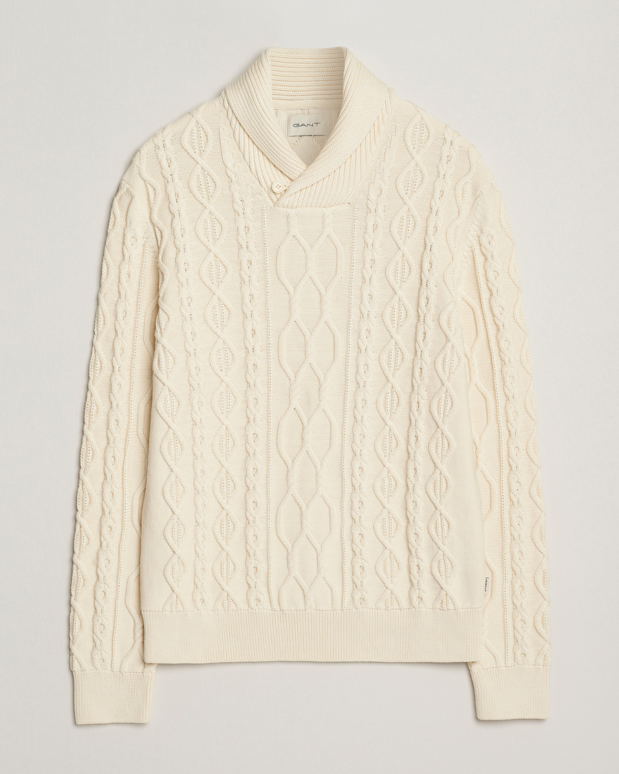 Herre | Gensere | GANT | Cable Shawl Collar Knitted Sweater Cream